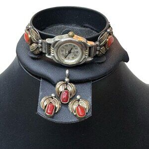 Vt Navajo NEZ Sterling Silver Jewelry Set Red Coral Inlay Watch Earrings Pendant